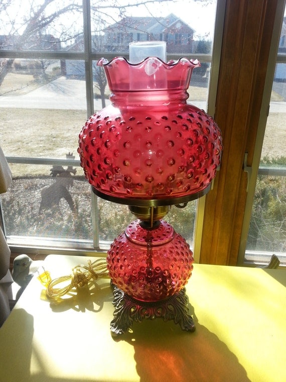 Antique RARE Ruby Red Fenton Hobnail Electric Hurricane Lamp