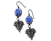 Romantic  Vintage Inspired by oriental ethnic decorations Elegant Lace Black Chandelier Statement earrings with Lilac purple Roses