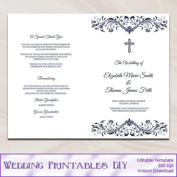 Catholic Wedding Program Template Diy Navy Blue Cross