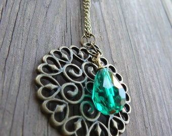 Artisan Copper Pendant Long Necklace with Emerald Teardrop Bead