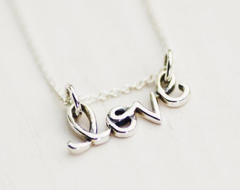 FREE SHIPPING - Love Necklace - Sterling Silver Love Script Necklace