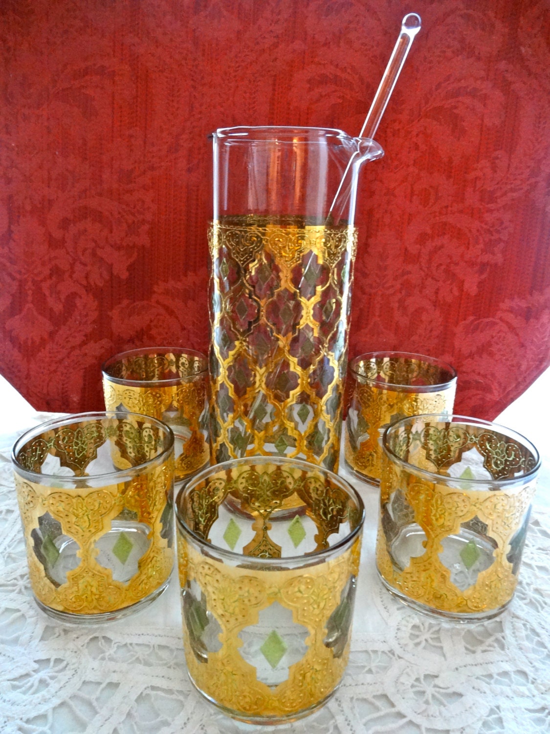 Culver Glass Green 22k Gold Cocktail Martini Barware Valencia