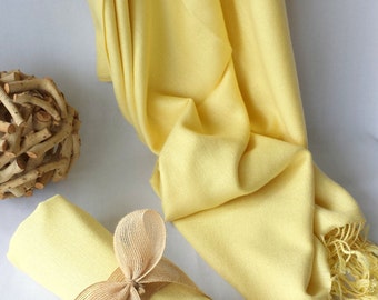 PALE YELLOW Wedding Pashmina decorated with burlap ribbon. Bridesmaid wraps. Scarfs