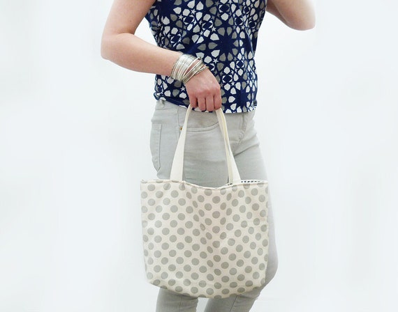 Tote bag, polka dot print, cream and grey, cotton shopping bag