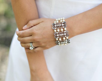 pearl bracelet pearl rhinestone Bracelet Statement Bridal Bracelet Bridal Cuff Wedding Rhinestone Bracelet swarovski crystal bracelet ELLA