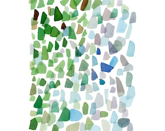 Watercolor green blue sea glass, Original watercolor painting, Sea glass art, Abstract painting green blue beach finds