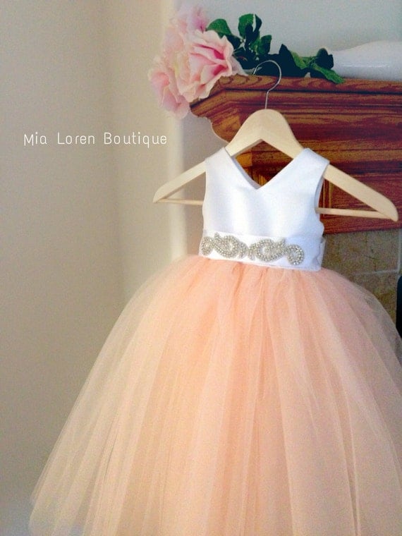 Blush, Peach, Coral, Mint, Tiffany, Grey, Black, Ivory Flower Girl Dress / Special occasion dress / Rhinestone Sash / CHOOSE your color