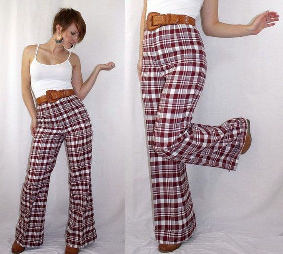 Items similar to Vintage 1970's Plaid BELLBOTTOM PANTS High Waist Red ...
