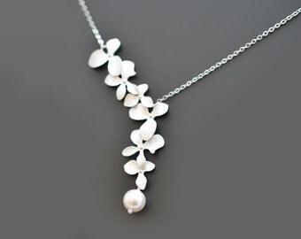 10% OFF, Lariat necklace, Orchid necklace, Pearl necklace, Silver necklace, Wedding, Bridal, Bridesmaid, Flower, Anniversary,Mothers, GIft