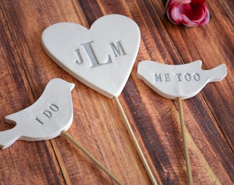 PERSONALIZED Heart Wedding Cake Topper with I Do Me Too Birds