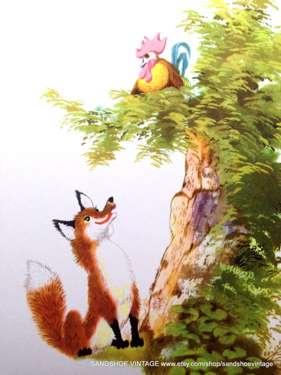 1970s FOX and CHICKEN AESOP Fable Print Ideal for Framing