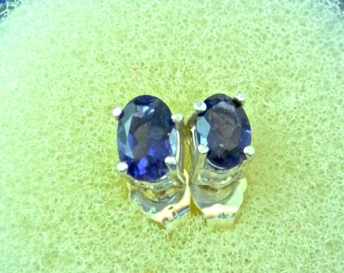 Iolite Stud Earrings, 6x4mm Oval, Natural Set in Sterling Silver E549