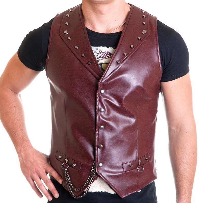 Heavy Biker Vest male eco leather red metal cross and chains