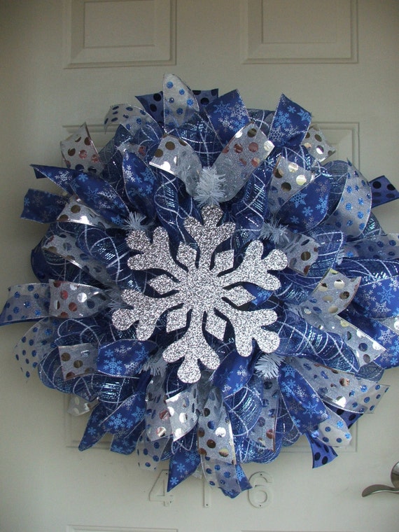 Winter Blue and Silver Snowflake Mesh Ribbon Wreath