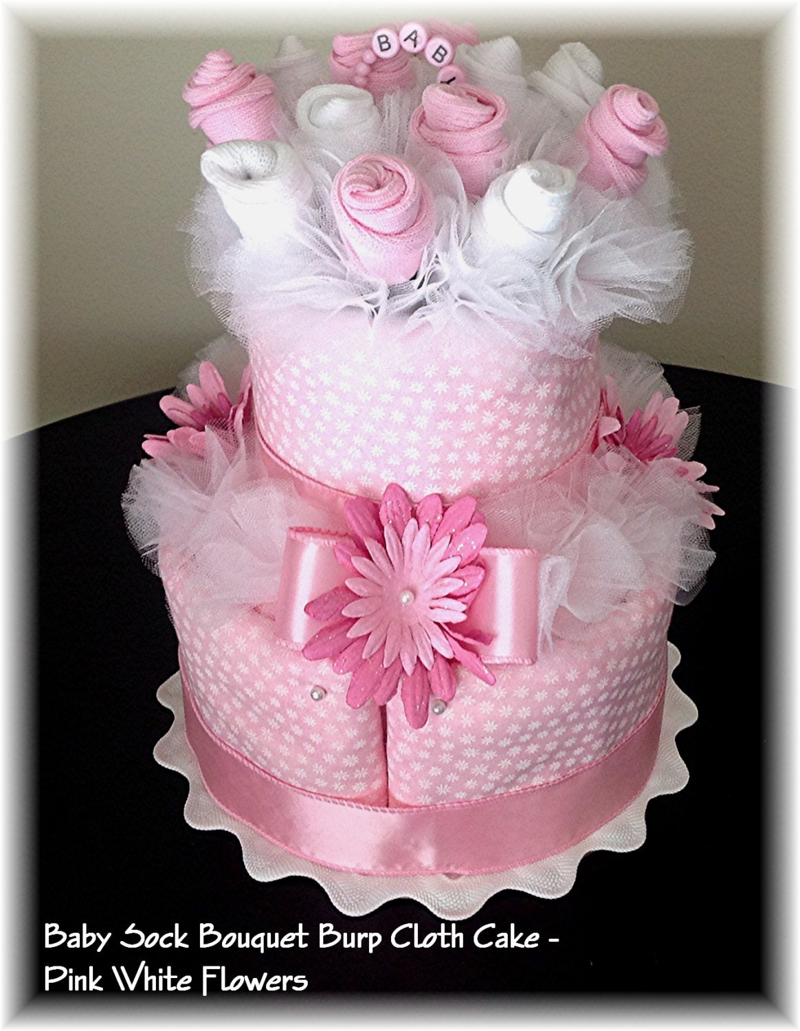 2 Tier Baby Sock Bouquet Burp Cloth Cake Pink White Flowers
