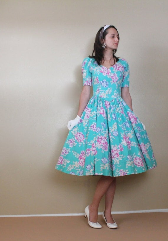 RESERVED Aqua Floral Sweetheart Dress Laura by lovethatlingers