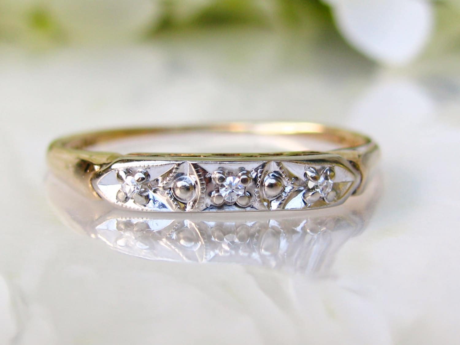 Antique Keepsake Diamond Wedding Ring 14K Two Tone Gold