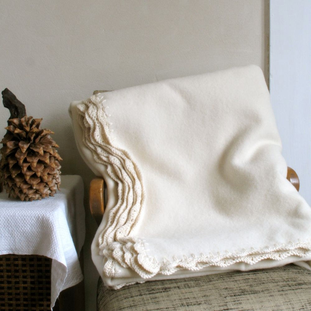 Large Wool Blanket Thick Warm Creamy White Merino by ohthisnose