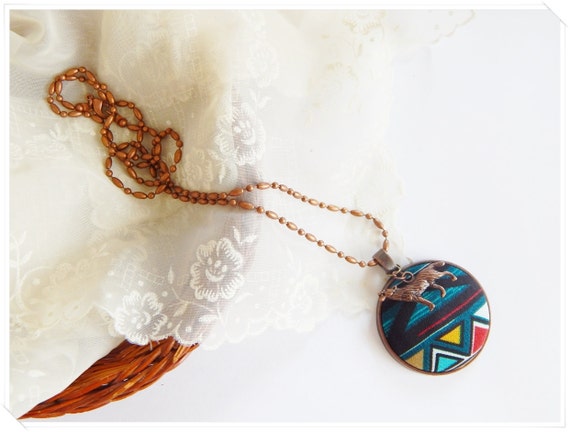 Tribal Indian Southwestern Fabric Button Necklace Antique Copper Wolf, Bear, Horse, Feather, or Feet Charm FREE GIFT too!