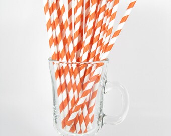 25 Orange Stripe Paper Straws | Orange Paper Straws | Orange Party Straws | Orange Drinking Straws | Stripe Paper Straws