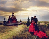 Red Wedding Dress with Black Accents Custom Made to your Measurements