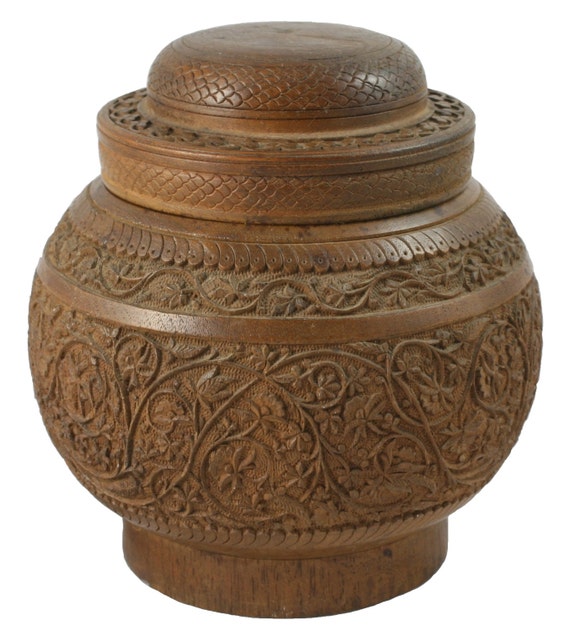 Antique Indian Hand Carved Wooden Jar Humidor by FavAntiques