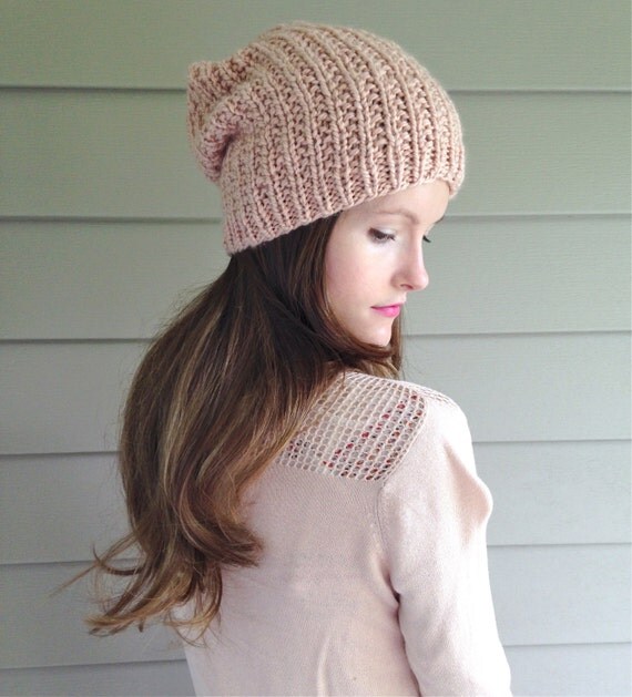 pattern pom hat easy knitting pom Slouchy Blush Knitted Peach Hat KnittingWonders by / Soft Knit