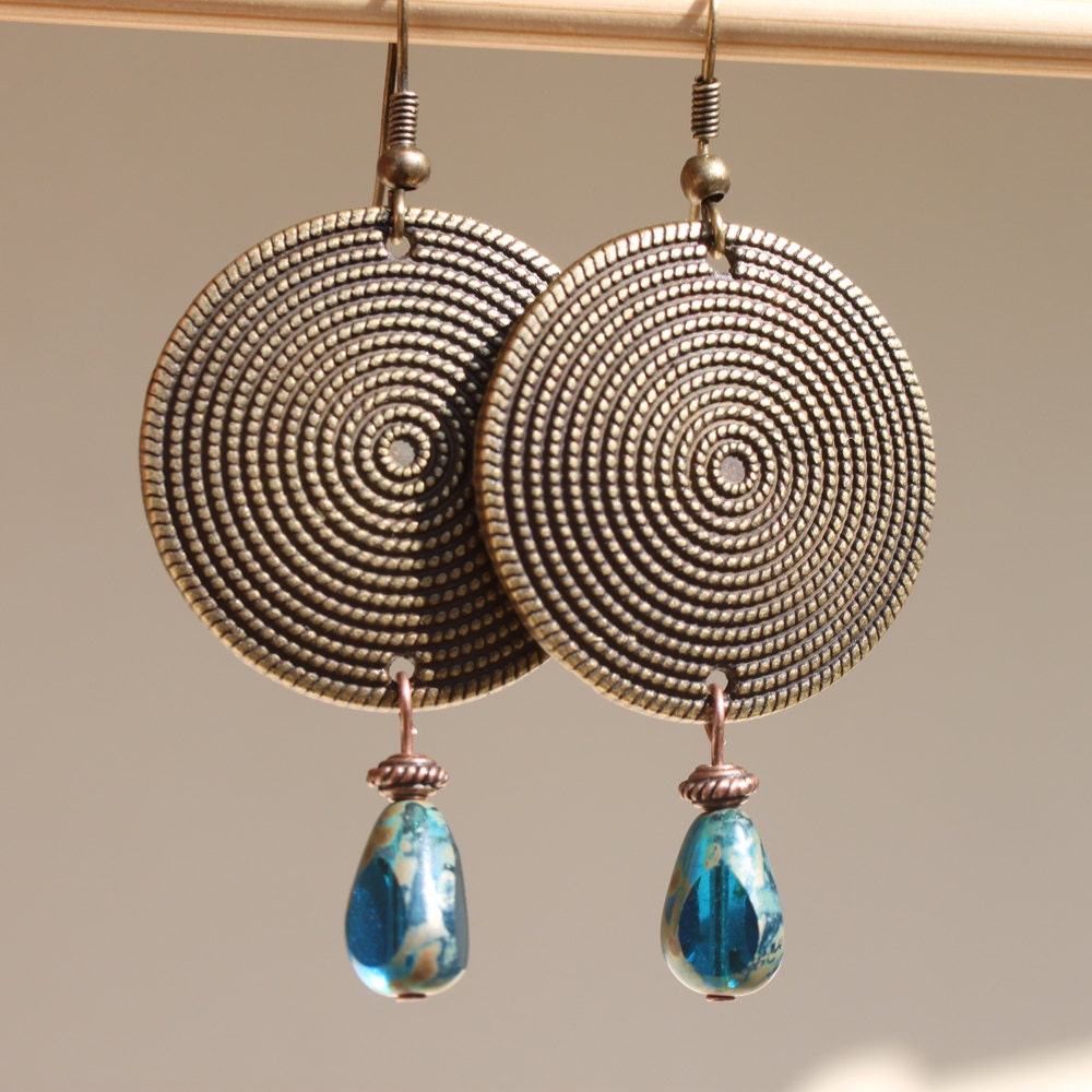 Bohemian Earrings Boho Earrings Brass Earrings Blue Earrings