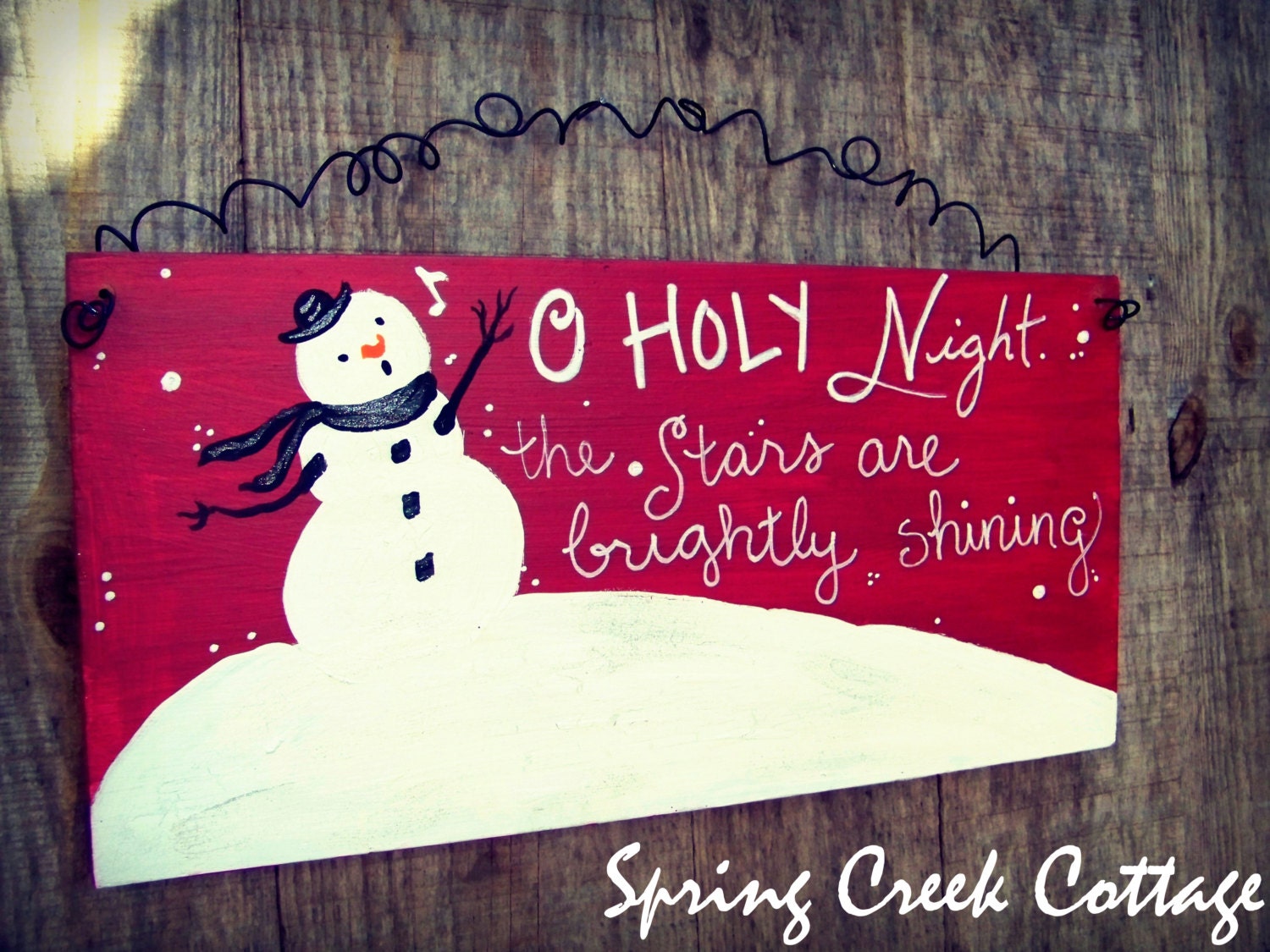 O Holy Night, Whimsical Hant-painted Wood Sign, in Santa-clause Red