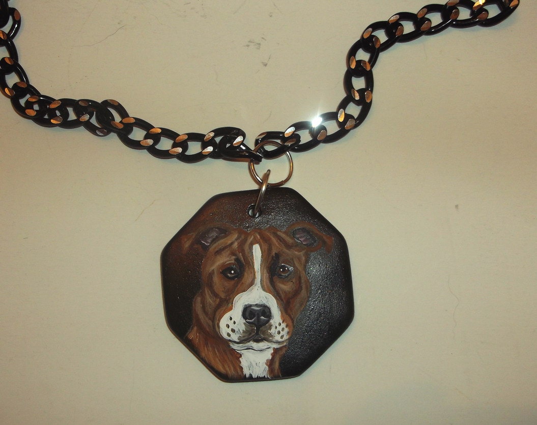Pit Bull Terrier Dog Chain Necklace Hand Painted Ceramic