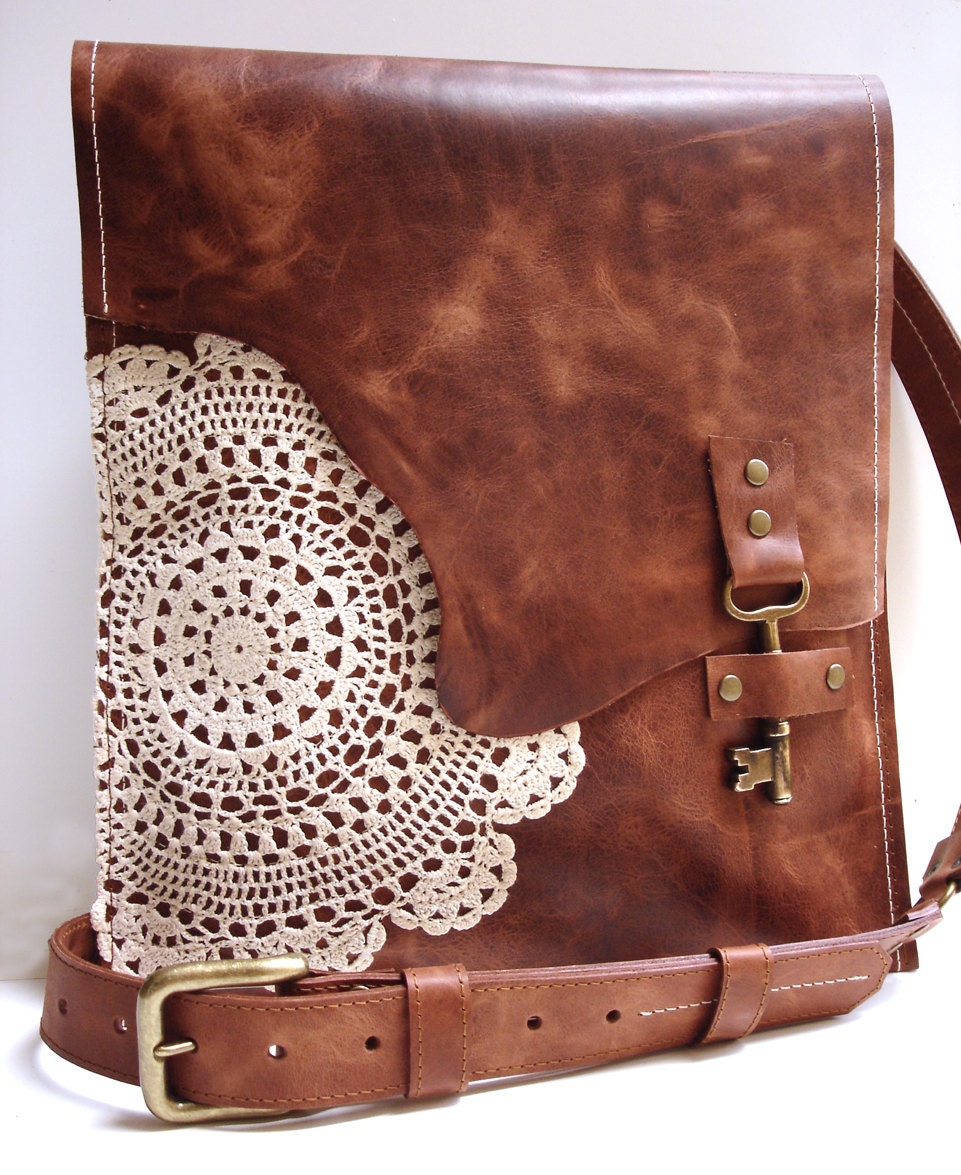 Leather Boho Messenger Bag with Antique Key and Crochet Lace