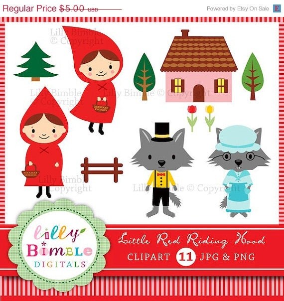 50% off Little Red Riding Hood clipart with wolf, grandma, digital instant download fairytale clip art images Il_570xn