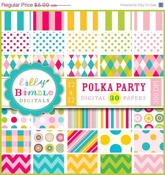 50% off Digital Scrapbook Papers Polka Party Polka Dots, Chevron, Stripes Commerical Use Il_570xn