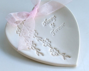 Heart Ring Dish, Ring Bearer Pillow, Porcelain wedding ring dish, Ceramic wedding ring holder, " Always and Forever" Shidare Sakura
