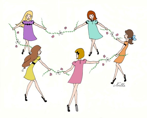 Ring Around the Rosie. Hand drawn. Nursery art.