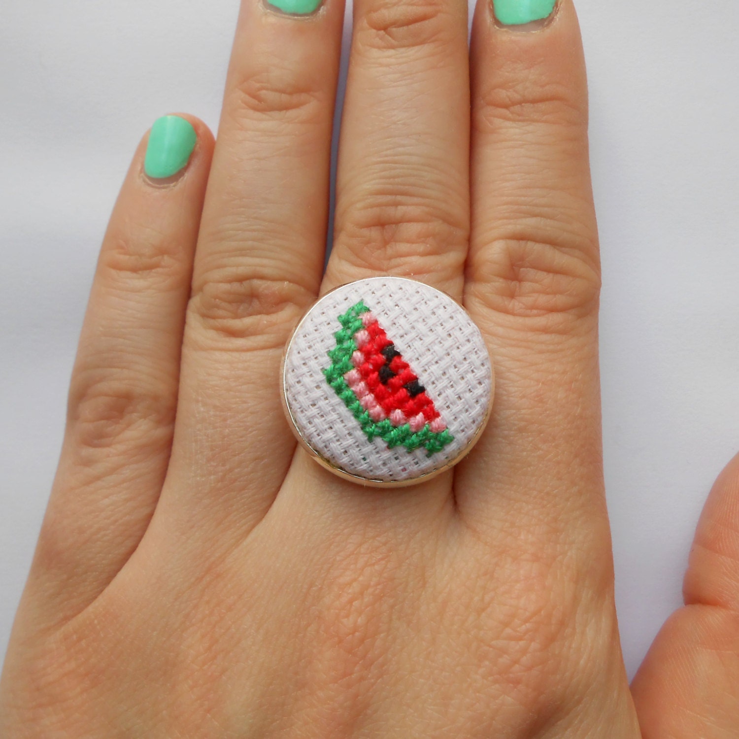 SALE Cross stitch watermelon adjustable silver tone ring
