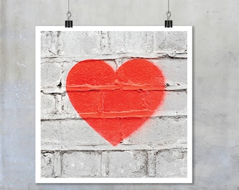 Red heart stencil graffiti art: white wall romantic love urban street art - square photo photograph big print poster 22x22 15x15 12x12 18x18