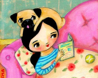 PUG dog reading a book CUTE little PRINT of a painting by tascha