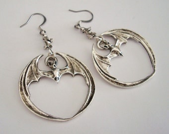 Silver Ox Gothic Vampire Bat with Vertebra Earrings, Metal Bone Connector, Exclusive Design, Handmade, USA