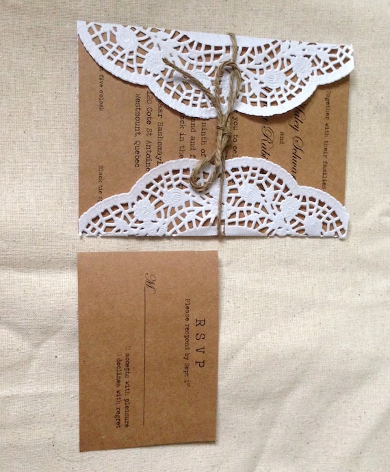 Doily Wrapped Twine Rustic Wedding Invitation by PaperCandyCa