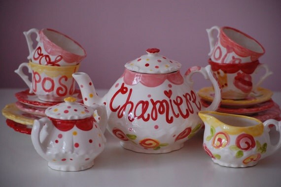 Fancy Pink, Yellow, orange Tea Set Personalized Little Girl's Child's Tea Set & 4 Tea Cups ...Ooh la la...hats, boas, shoes, tiaras and more Il_570xn