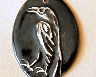 Handmade Ceramic Raven Bead - Oval Raven Bead with Black glazed Stoneware