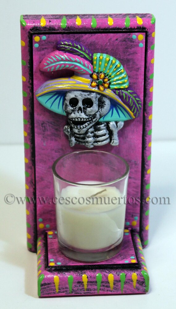 Items similar to Day Of The Dead Candle Holder (Pink/Purple) on Etsy