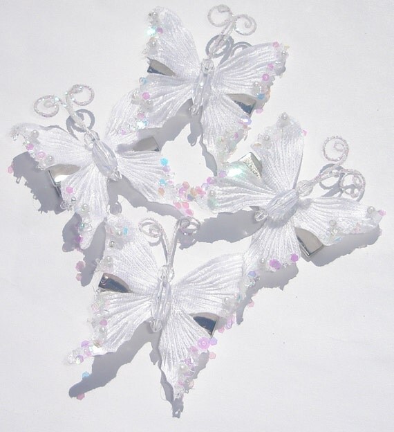sparkly white velvet butterfly hair clip with glitter pearls