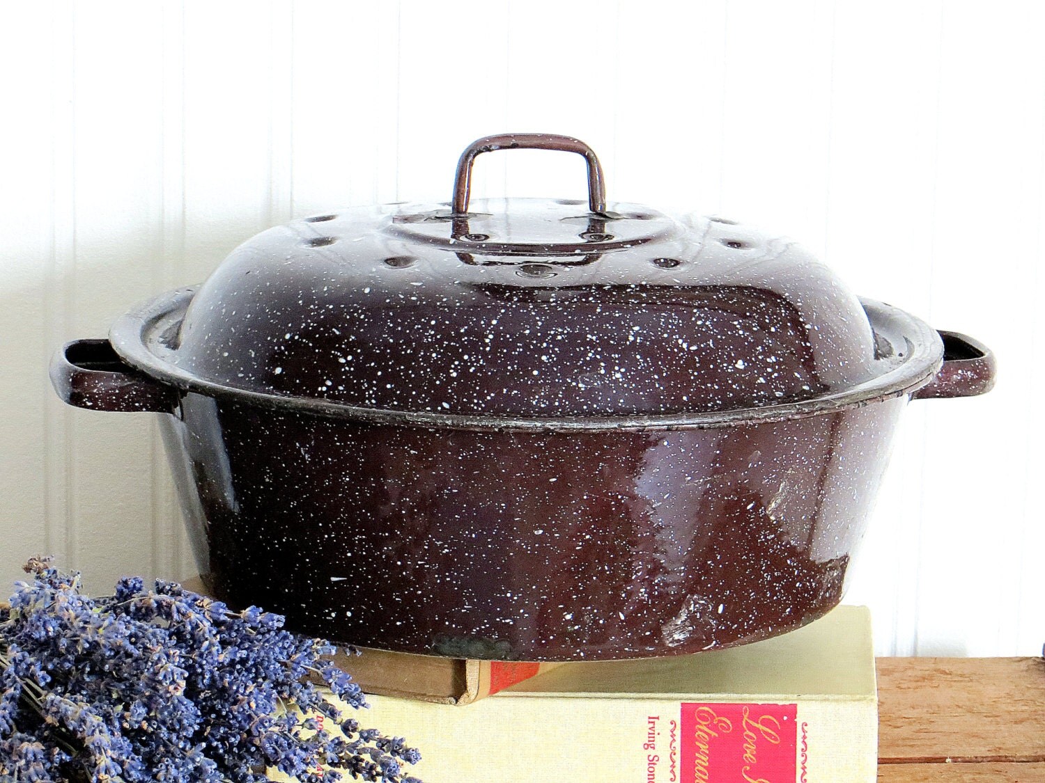 Brown Graniteware Enamal Round Roaster Pan Pot with Lid