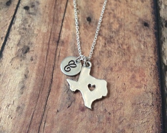 Texas initial necklace - Texas charm necklace, state jewelry, state necklace, Texas jewelry, US state jewelry, silver Texas necklace