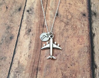 Airplane initial necklace - airplane jewelry, aviation necklace, pilot necklace, flight attendant necklace, silver airplane pendant