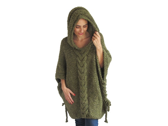 Tweed Green  Plus Size Cable Knit Poncho with Hoodie  by Afra