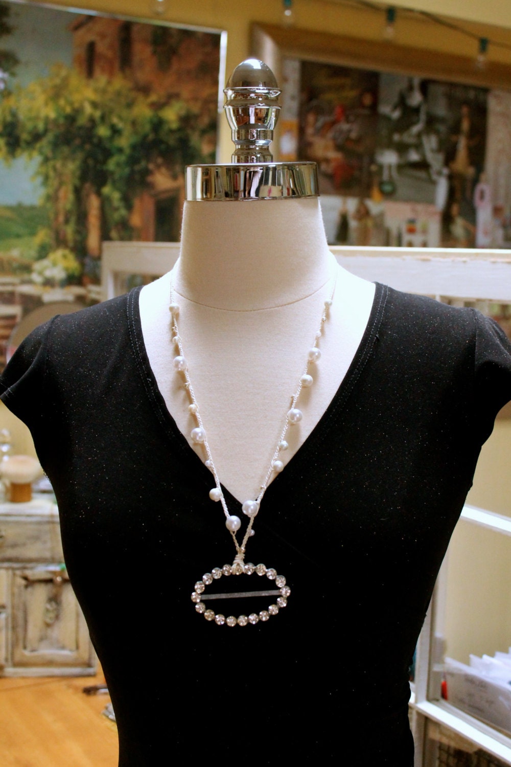 White pearls beaded id badge holder / eye by FrenchAccentbyMagali