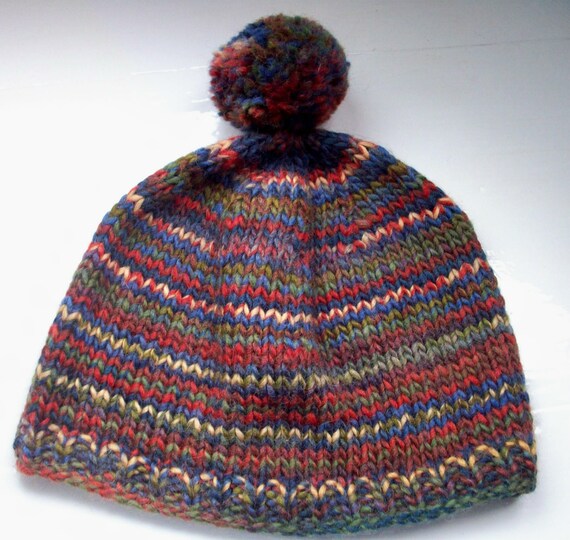 Pompom hat beanie unisex hand knitted wool by SpinningStreak
